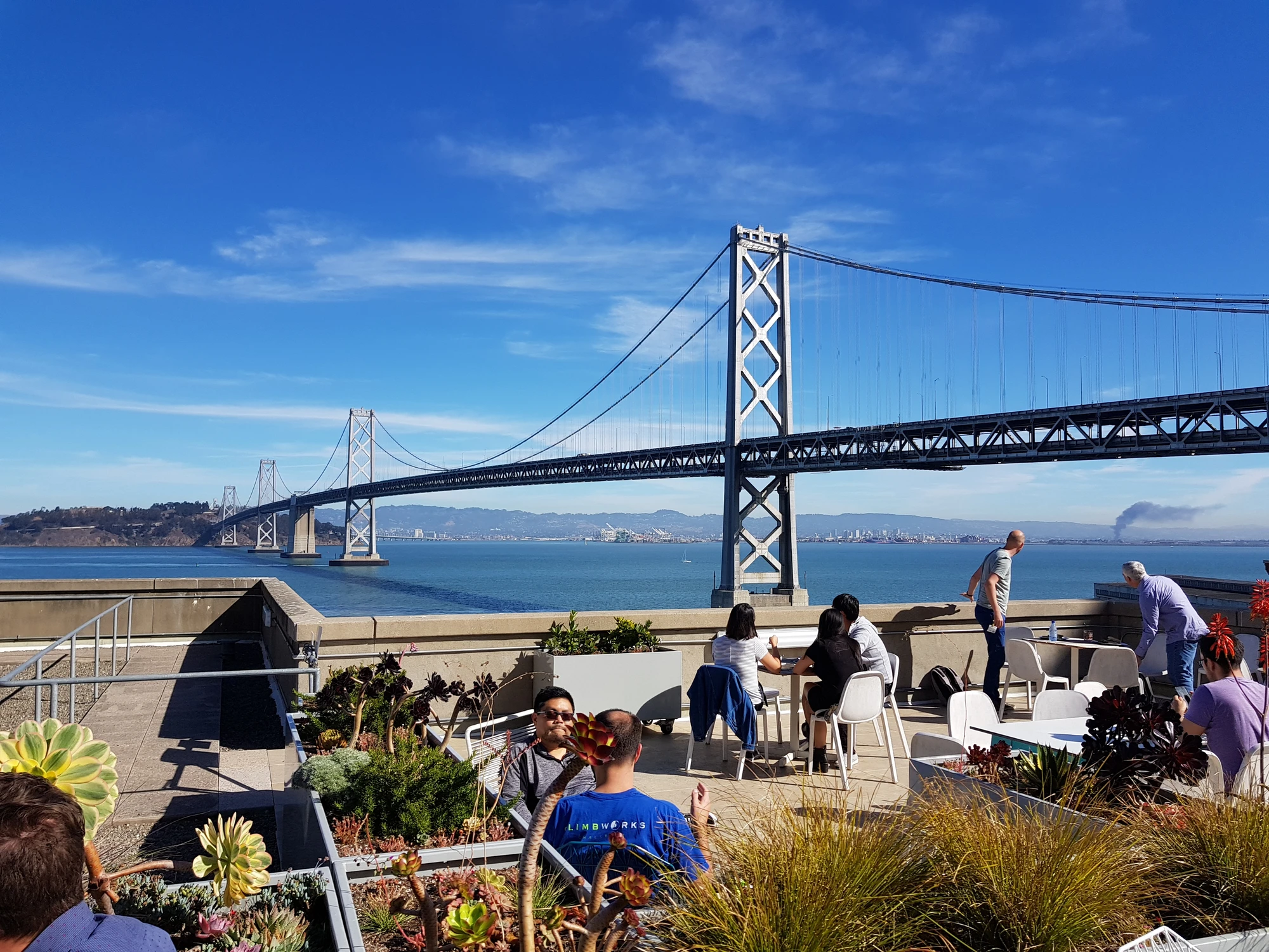 Sista dagen, besök Google. Vy över Oakland Bridge